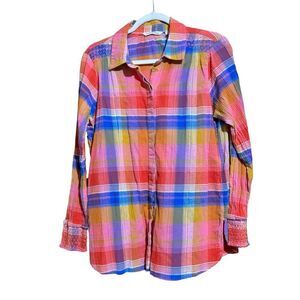 Soft Surroundings Sansonne Shirt Womens Medium Multicolor Plaid Crinkle Blouse